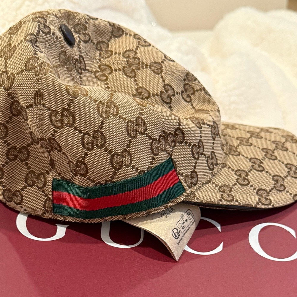 Gucci GG Baseball Beige and Dark Brown Monogram Cap w Web Size S 57 cm LIKE NEW - Picture 8 of 9